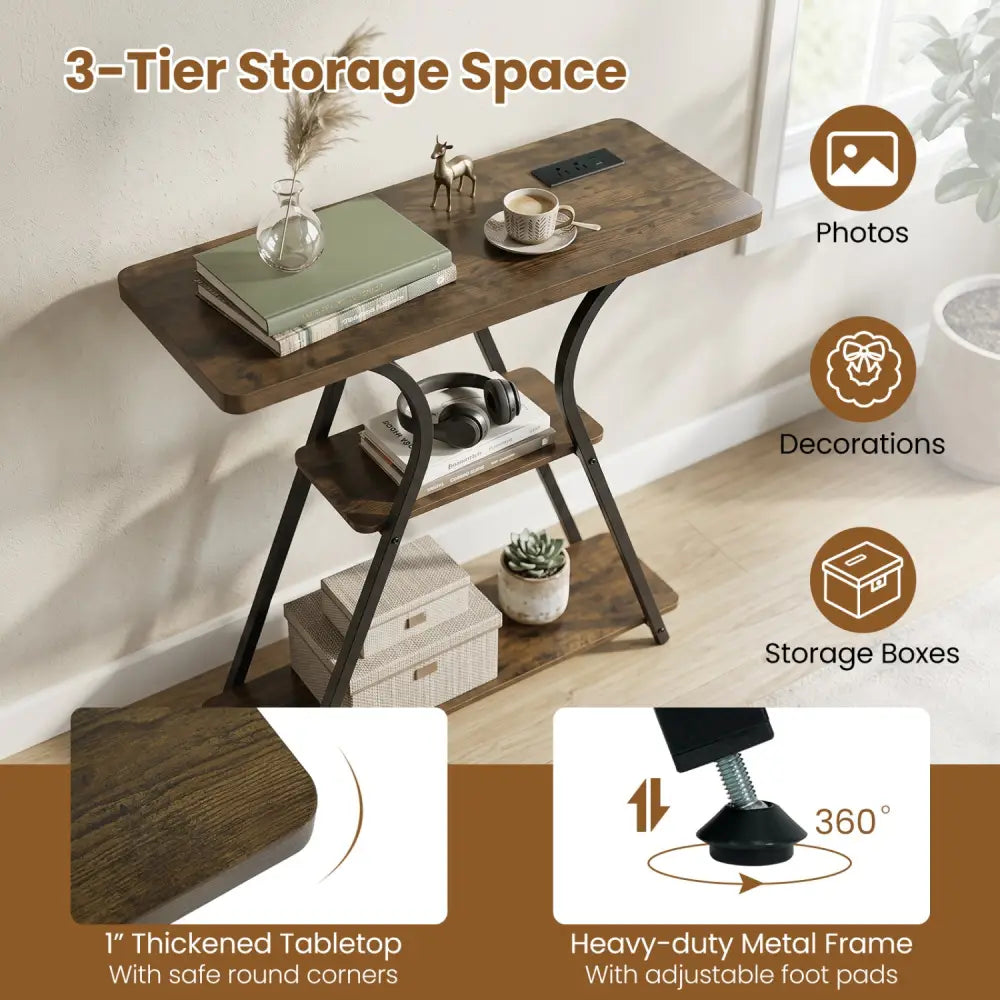 32 Inch Narrow Long Entryway Table with Power Outlets and LED Lights-Brown - Brown - Console Tables