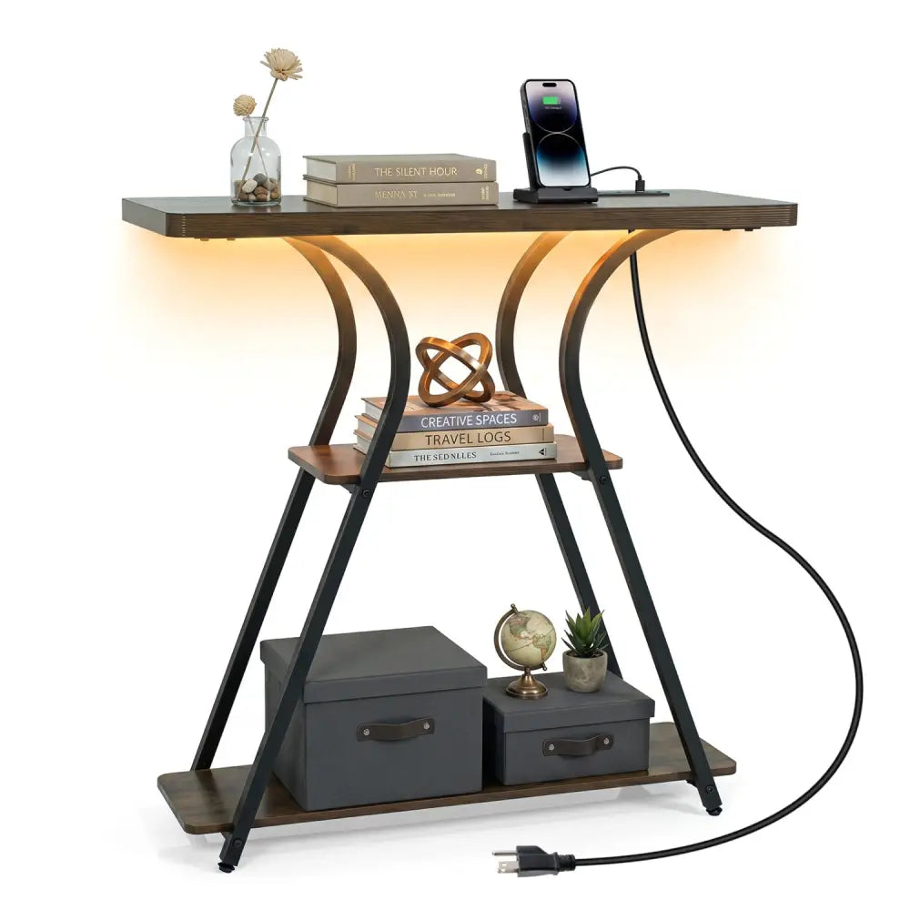 32 Inch Narrow Long Entryway Table with Power Outlets and LED Lights-Brown - Brown - Console Tables