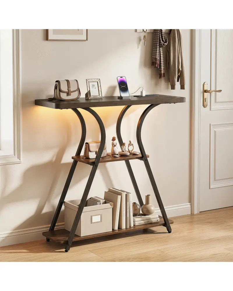32 Inch Narrow Long Entryway Table with Power Outlets and LED Lights-Brown - Brown - Console Tables