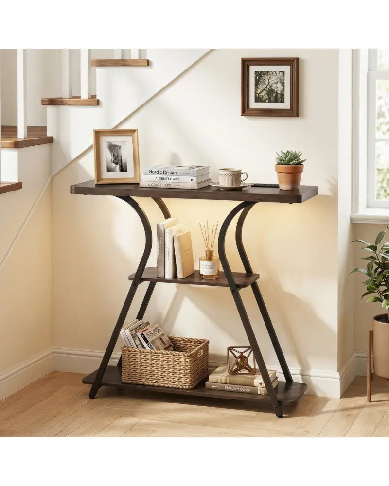 32 Inch Narrow Long Entryway Table with Power Outlets and LED Lights-Brown - Brown - Console Tables