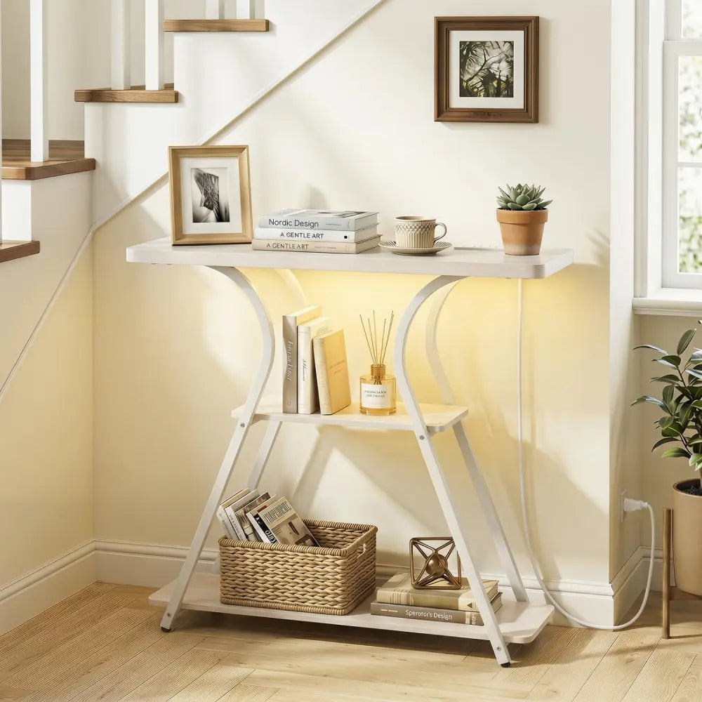 32 Inch Narrow Long Entryway Table with Power Outlets and LED Lights-Oak - Oak - Console Tables