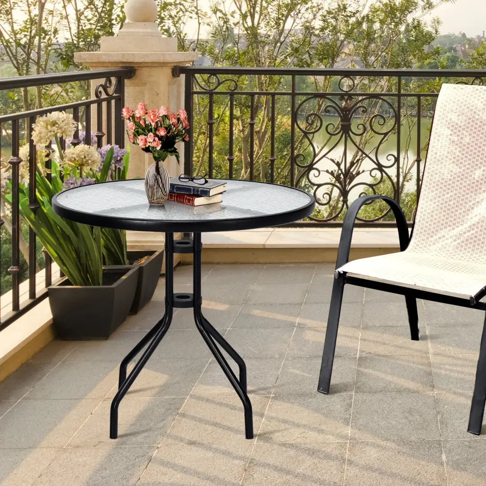 32 Inch Outdoor Patio Round Tempered Glass Top Table with Umbrella Hole - Transparent - Patio Dining Tables