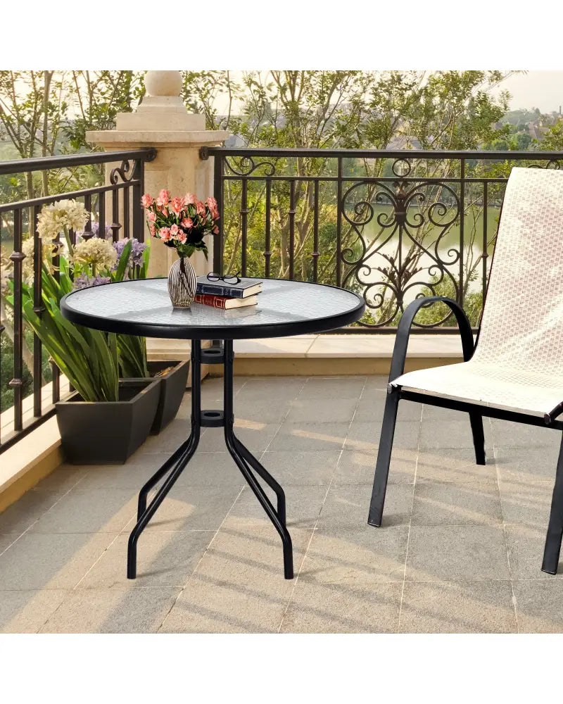 32 Inch Outdoor Patio Round Tempered Glass Top Table with Umbrella Hole - Transparent - Patio Dining Tables