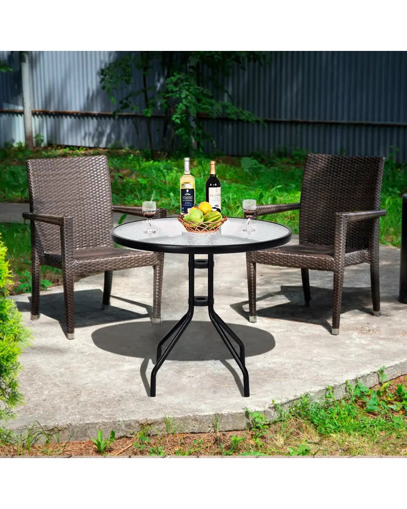 32 Inch Outdoor Patio Round Tempered Glass Top Table with Umbrella Hole - Transparent - Patio Dining Tables