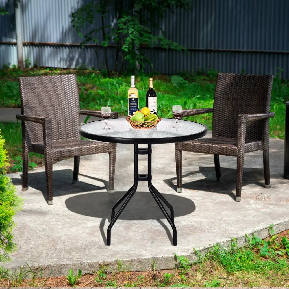 32 Inch Outdoor Patio Round Tempered Glass Top Table with Umbrella Hole - Transparent - Patio Dining Tables