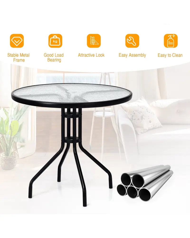 32 Inch Outdoor Patio Round Tempered Glass Top Table with Umbrella Hole - Transparent - Patio Dining Tables