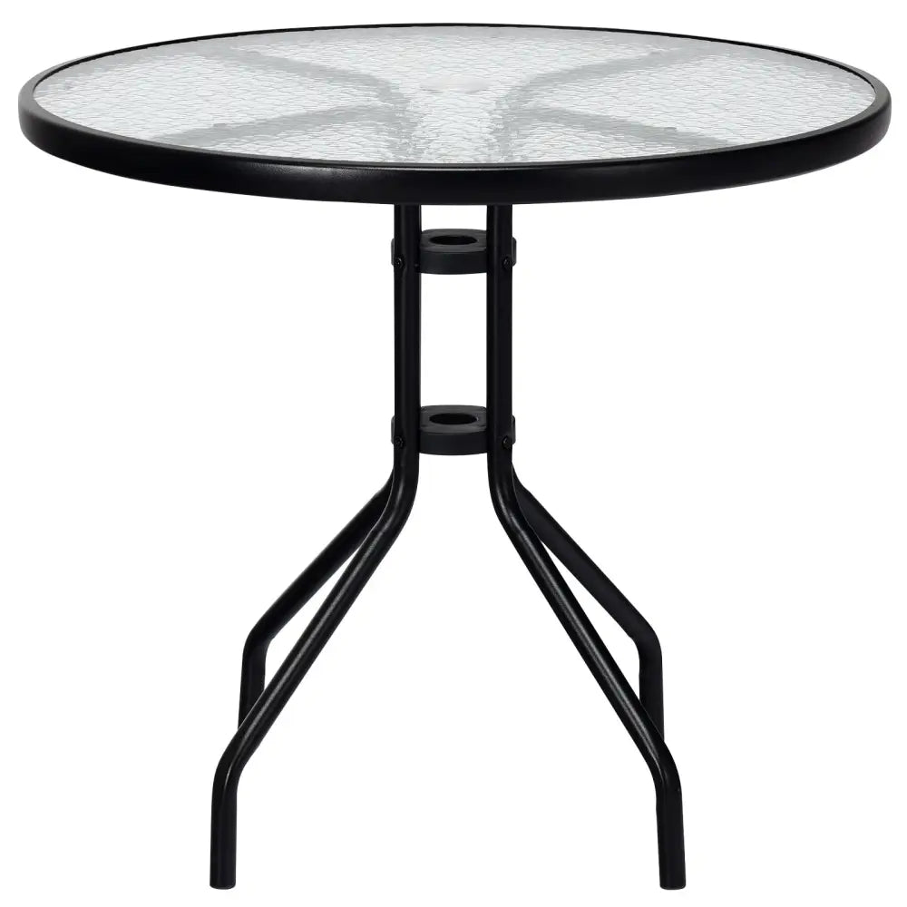 32 Inch Outdoor Patio Round Tempered Glass Top Table with Umbrella Hole - Transparent - Patio Dining Tables