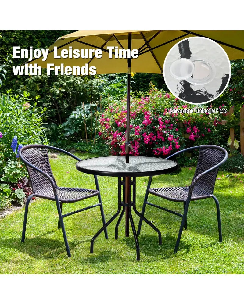 32 Inch Outdoor Patio Round Tempered Glass Top Table with Umbrella Hole - Transparent - Patio Dining Tables