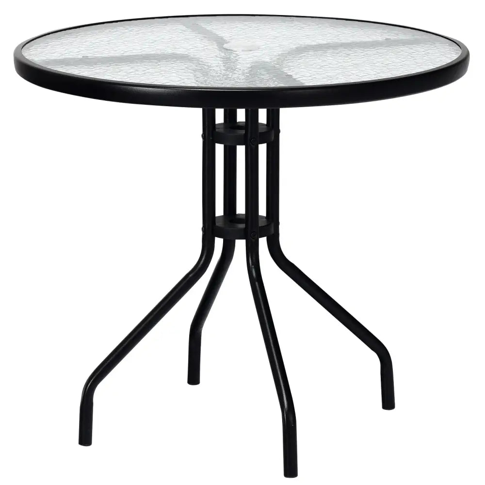 32 Inch Outdoor Patio Round Tempered Glass Top Table with Umbrella Hole - Transparent - Patio Dining Tables