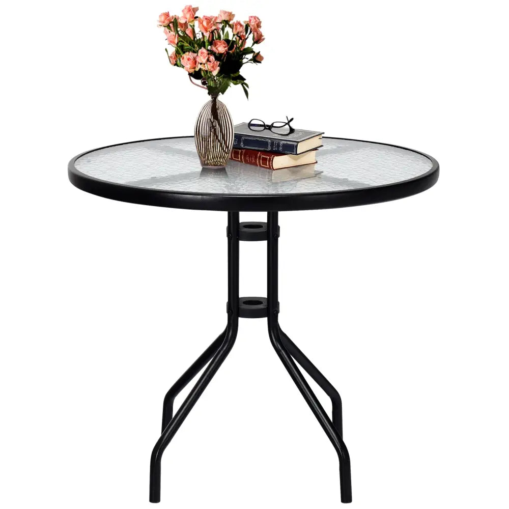 32 Inch Outdoor Patio Round Tempered Glass Top Table with Umbrella Hole - Transparent - Patio Dining Tables