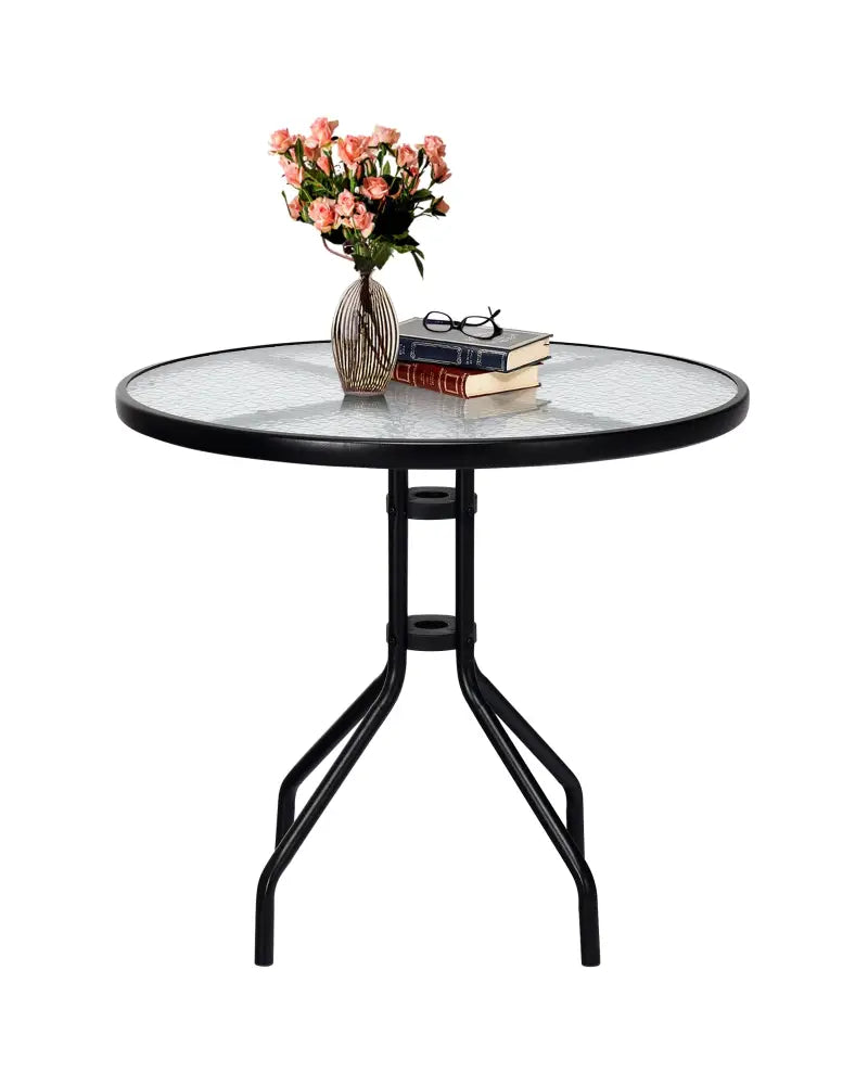 32 Inch Outdoor Patio Round Tempered Glass Top Table with Umbrella Hole - Transparent - Patio Dining Tables