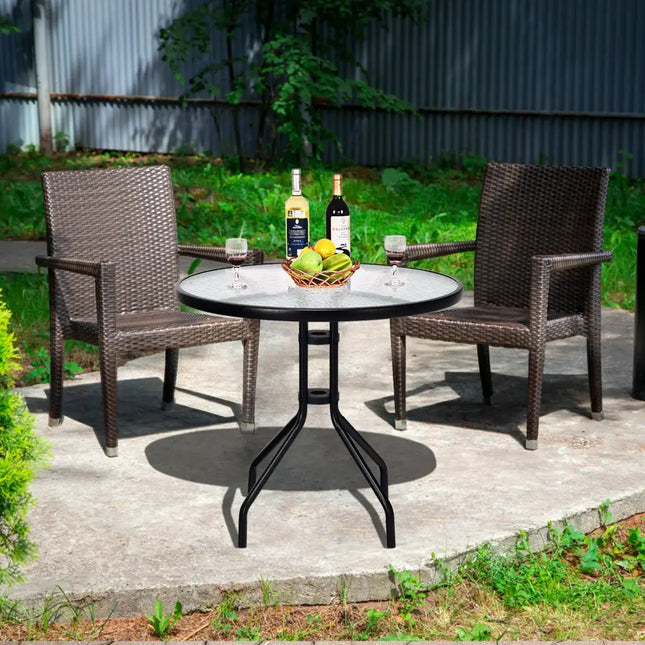 32 Inch Outdoor Patio Round Tempered Glass Top Table with Umbrella Hole - Transparent - Patio Dining Tables