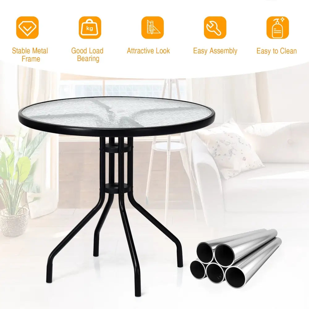 32 Inch Outdoor Patio Round Tempered Glass Top Table with Umbrella Hole - Transparent - Patio Dining Tables