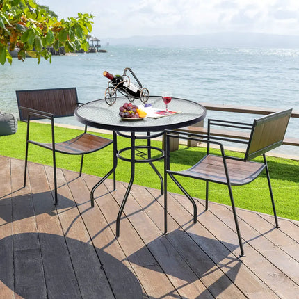 32 Inch Patio Tempered Glass Steel Frame Round Table with Convenient Umbrella Hole - Black - Patio Dining Tables