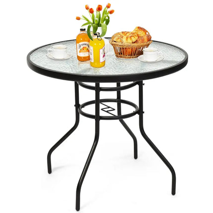 32 Inch Patio Tempered Glass Steel Frame Round Table with Convenient Umbrella Hole - Black - Patio Dining Tables