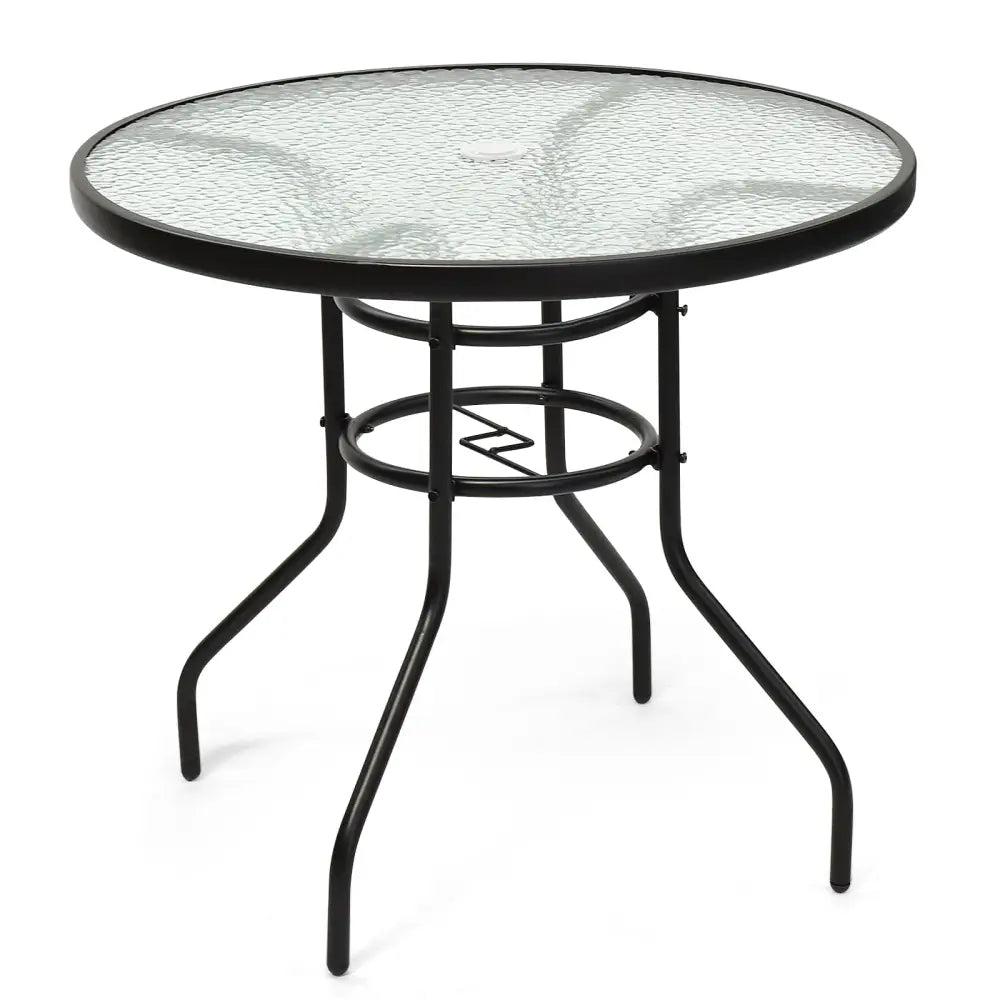 32 Inch Patio Tempered Glass Steel Frame Round Table with Convenient Umbrella Hole - Black - Patio Dining Tables