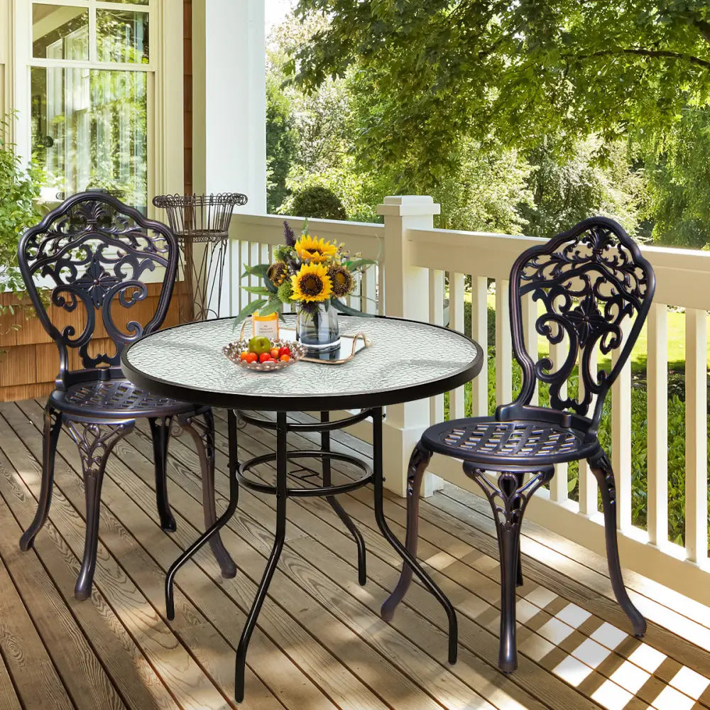 32 Inch Patio Tempered Glass Steel Frame Round Table with Convenient Umbrella Hole - Black - Patio Dining Tables