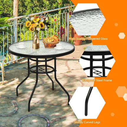 32 Inch Patio Tempered Glass Steel Frame Round Table with Convenient Umbrella Hole - Black - Patio Dining Tables