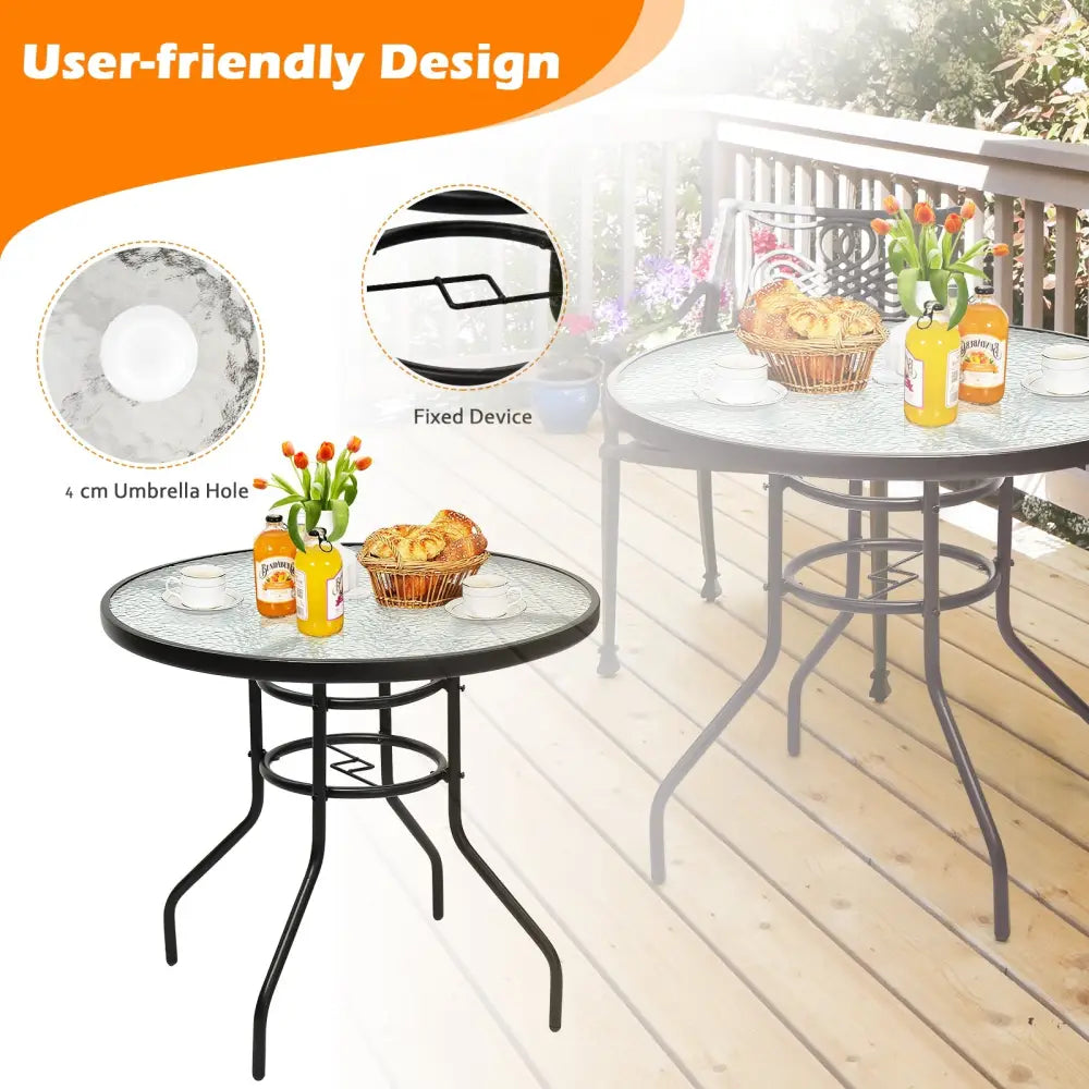 32 Inch Patio Tempered Glass Steel Frame Round Table with Convenient Umbrella Hole - Black - Patio Dining Tables