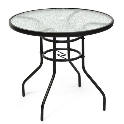 32 Inch Patio Tempered Glass Steel Frame Round Table with Convenient Umbrella Hole - Black - Patio Dining Tables