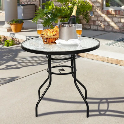 32 Inch Patio Tempered Glass Steel Frame Round Table with Convenient Umbrella Hole - Black - Patio Dining Tables