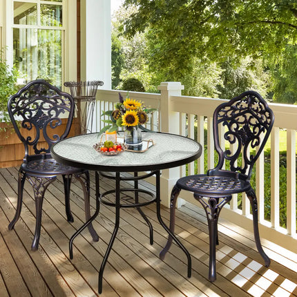 32 Inch Patio Tempered Glass Steel Frame Round Table with Convenient Umbrella Hole - Black - Patio Dining Tables