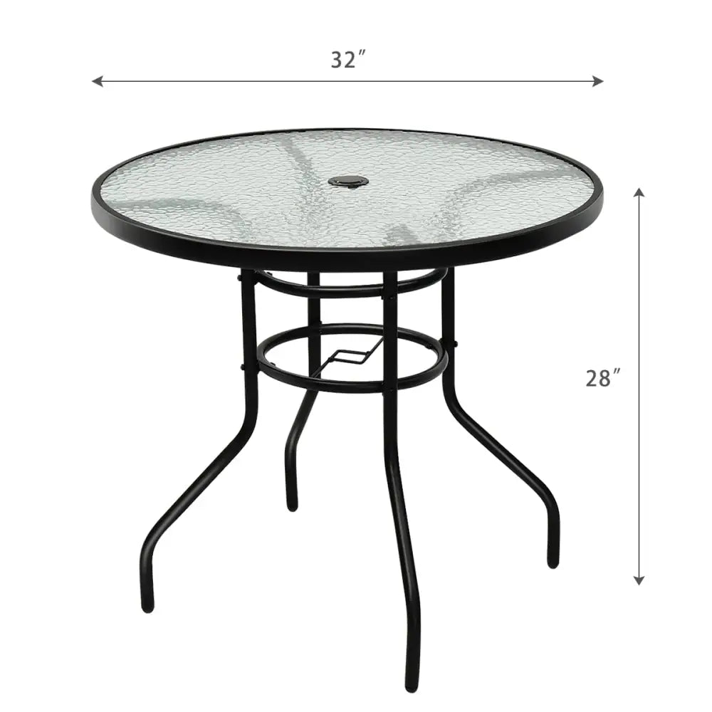 32 Inch Patio Tempered Glass Steel Frame Round Table with Convenient Umbrella Hole - Black - Patio Dining Tables
