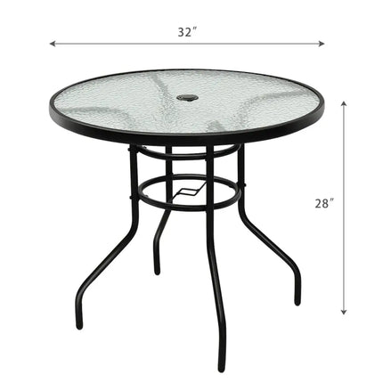 32 Inch Patio Tempered Glass Steel Frame Round Table with Convenient Umbrella Hole - Black - Patio Dining Tables