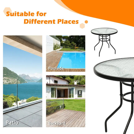 32 Inch Patio Tempered Glass Steel Frame Round Table with Convenient Umbrella Hole - Black - Patio Dining Tables
