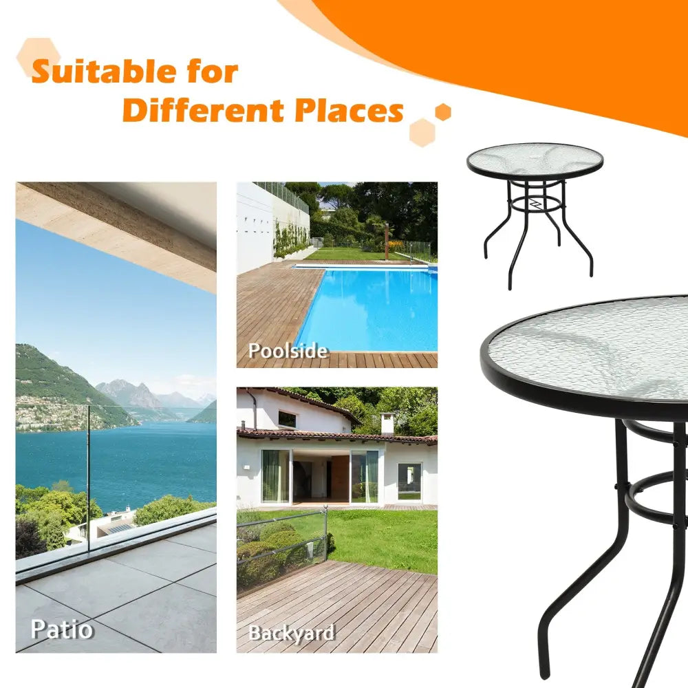 32 Inch Patio Tempered Glass Steel Frame Round Table with Convenient Umbrella Hole - Black - Patio Dining Tables
