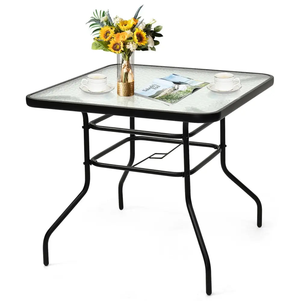 32 Inch Patio Tempered Glass Steel Frame Square Table - Black - Patio Dining Tables