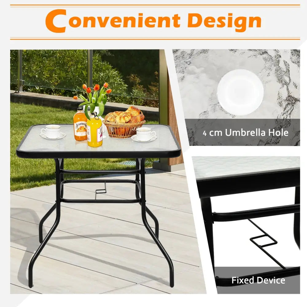 32 Inch Patio Tempered Glass Steel Frame Square Table - Black - Patio Dining Tables