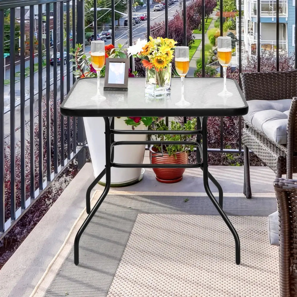 32 Inch Patio Tempered Glass Steel Frame Square Table - Black - Patio Dining Tables