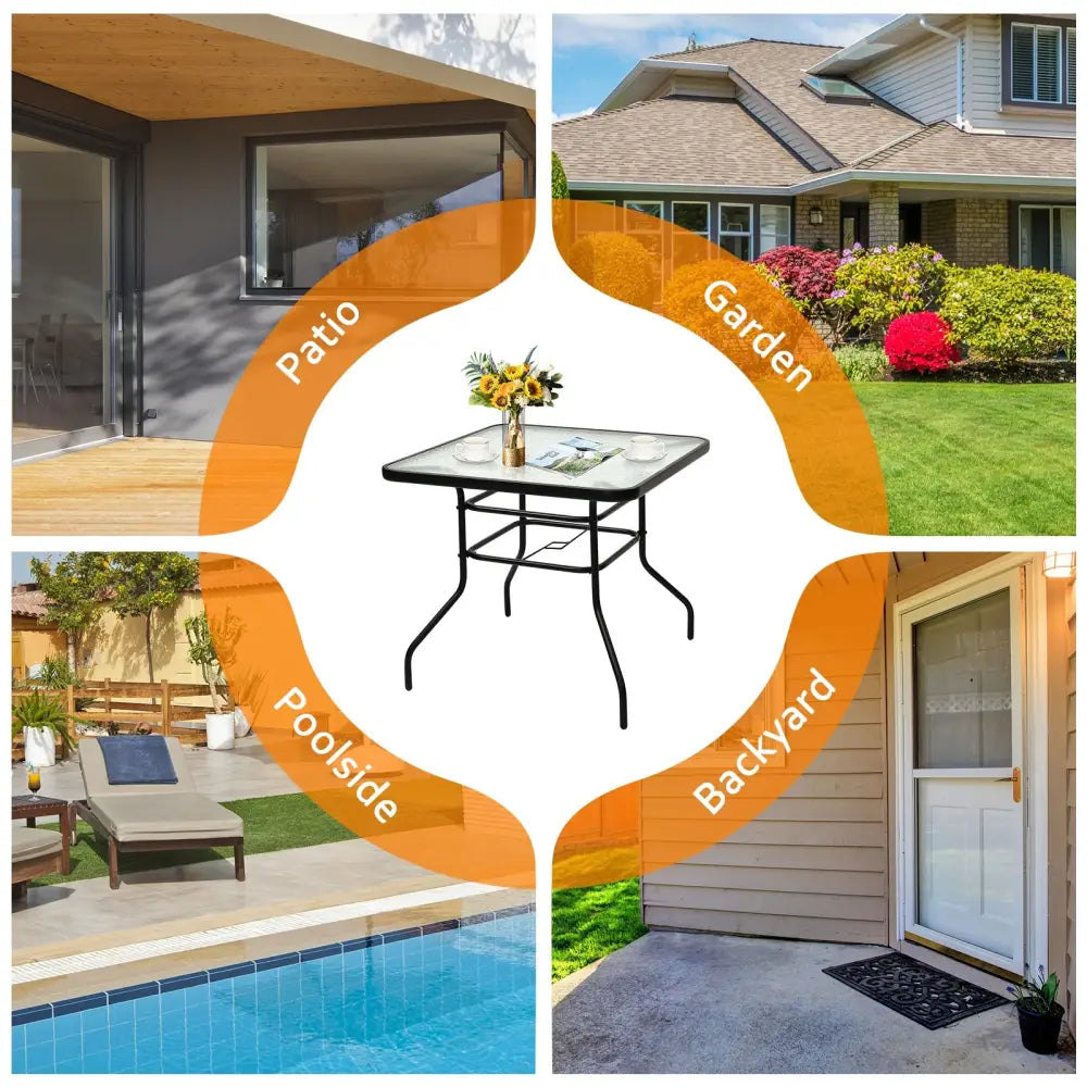 32 Inch Patio Tempered Glass Steel Frame Square Table - Black - Patio Dining Tables