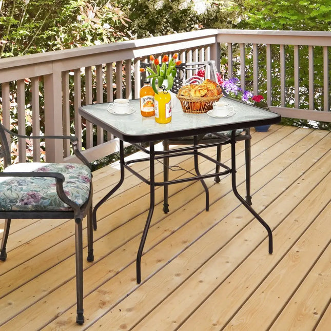 32 Inch Patio Tempered Glass Steel Frame Square Table - Black - Patio Dining Tables