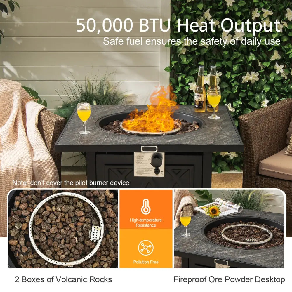 32 Inch Propane Fire Pit Table Square Tabletop with Lava Rocks Cover 50000 BTU-Black - Black - Fire Pit Tables