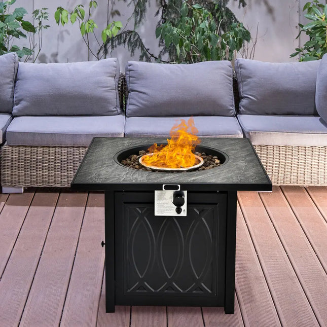 32 Inch Propane Fire Pit Table Square Tabletop with Lava Rocks Cover 50000 BTU-Black - Black - Fire Pit Tables