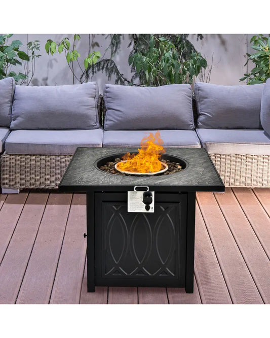 32 Inch Propane Fire Pit Table Square Tabletop with Lava Rocks Cover 50000 BTU-Black - Black - Fire Pit Tables