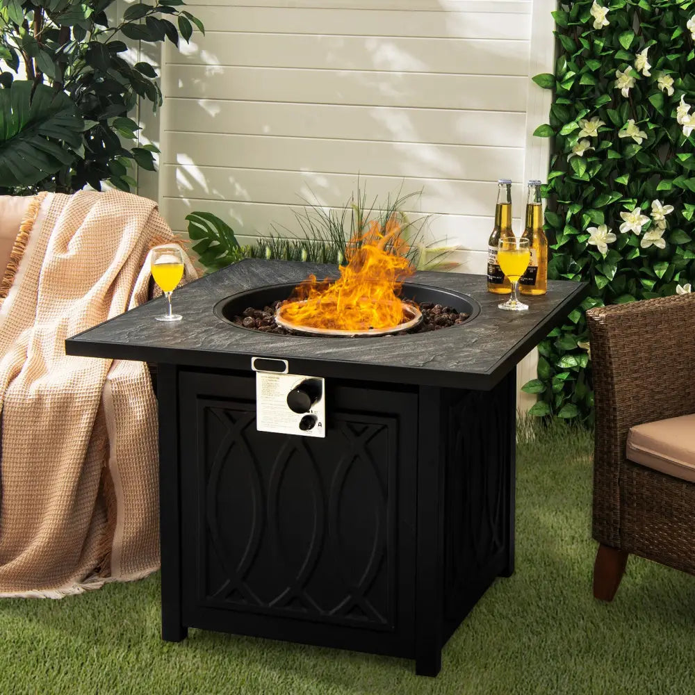 32 Inch Propane Fire Pit Table Square Tabletop with Lava Rocks Cover 50000 BTU-Black - Black - Fire Pit Tables