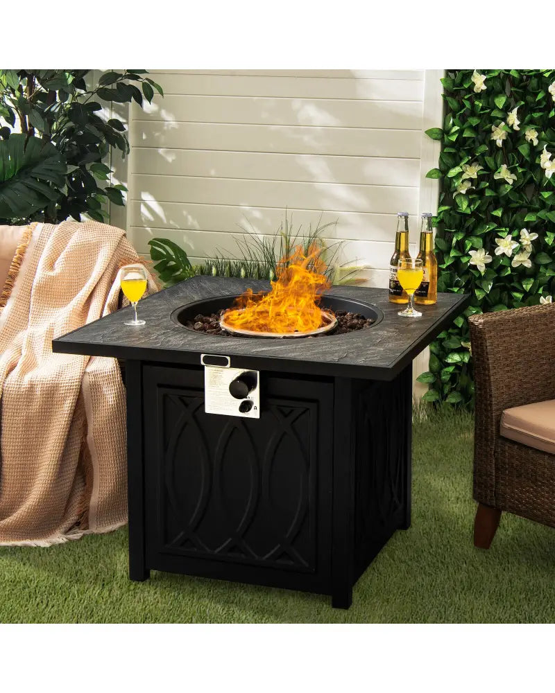 32 Inch Propane Fire Pit Table Square Tabletop with Lava Rocks Cover 50000 BTU-Black - Black - Fire Pit Tables