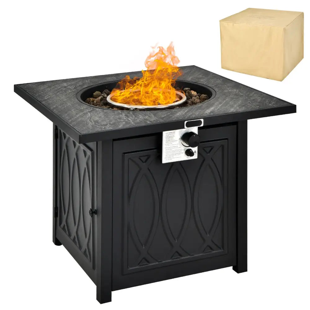 32 Inch Propane Fire Pit Table Square Tabletop with Lava Rocks Cover 50000 BTU-Black - Black - Fire Pit Tables