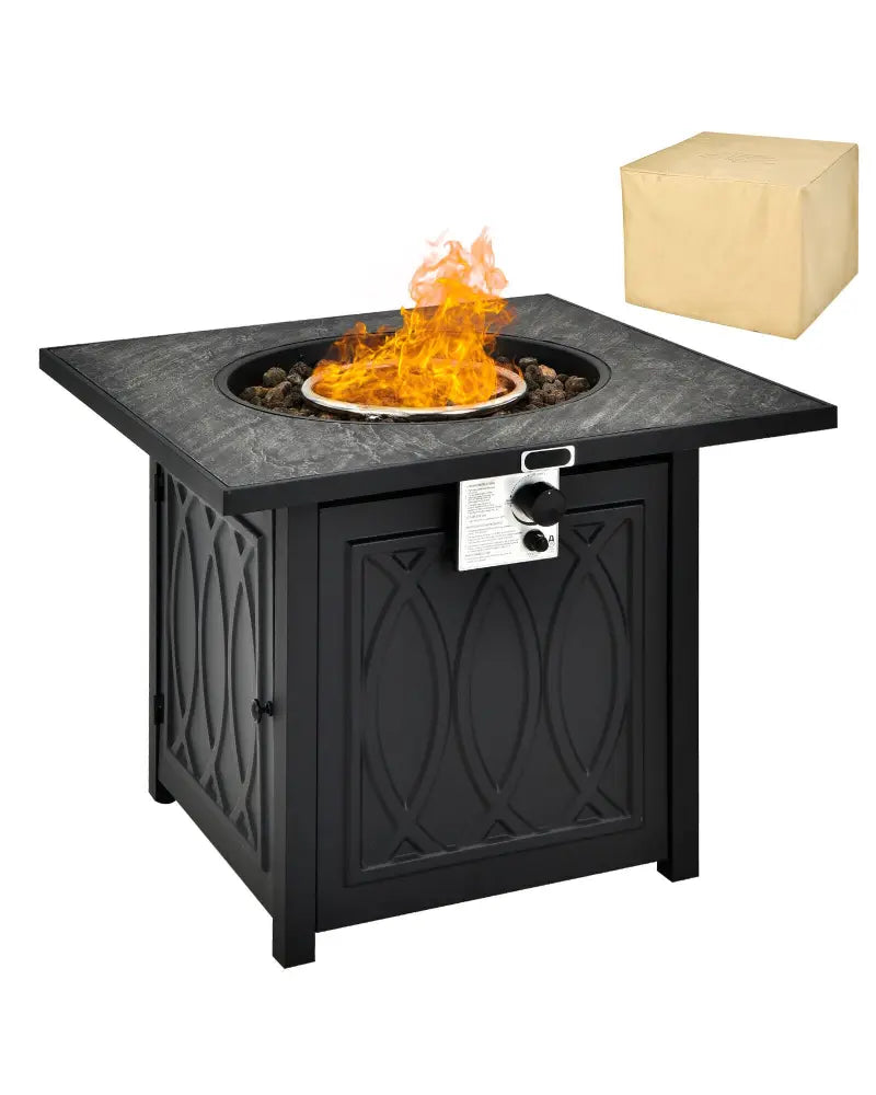 32 Inch Propane Fire Pit Table Square Tabletop with Lava Rocks Cover 50000 BTU-Black - Black - Fire Pit Tables