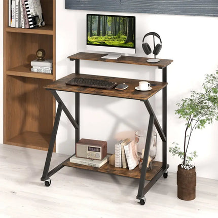 32 Inch Rolling Computer Desk for Small Spaces with Power Outlets-Rustic Brown - Rustic Brown - Writing Desks