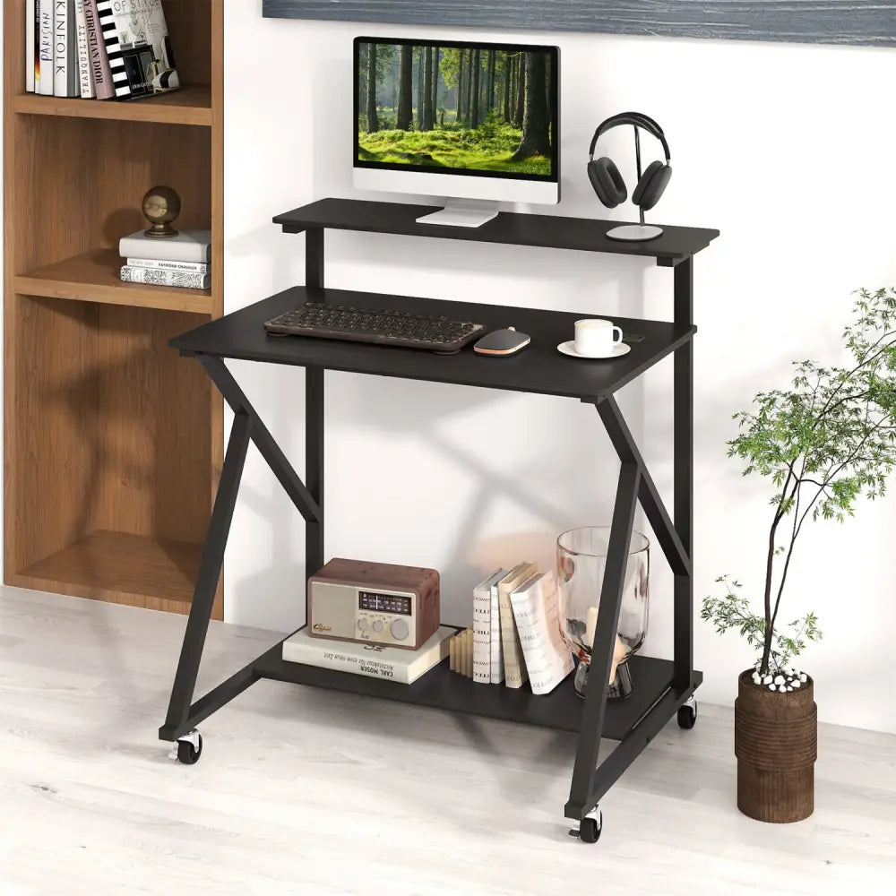 32 Inch Rolling Computer Desk for Small Spaces with Power Outlets-Black - Black - Computer Desks
