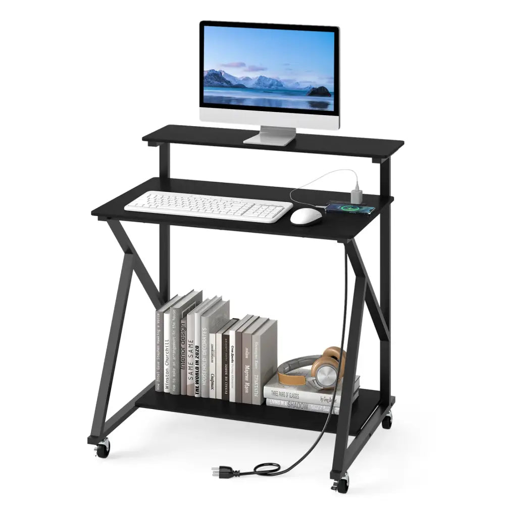 32 Inch Rolling Computer Desk for Small Spaces with Power Outlets-Black - Black - Computer Desks