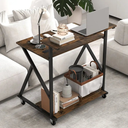 32 Inch Rolling Computer Desk for Small Spaces with Power Outlets-Rustic Brown - Rustic Brown - Writing Desks