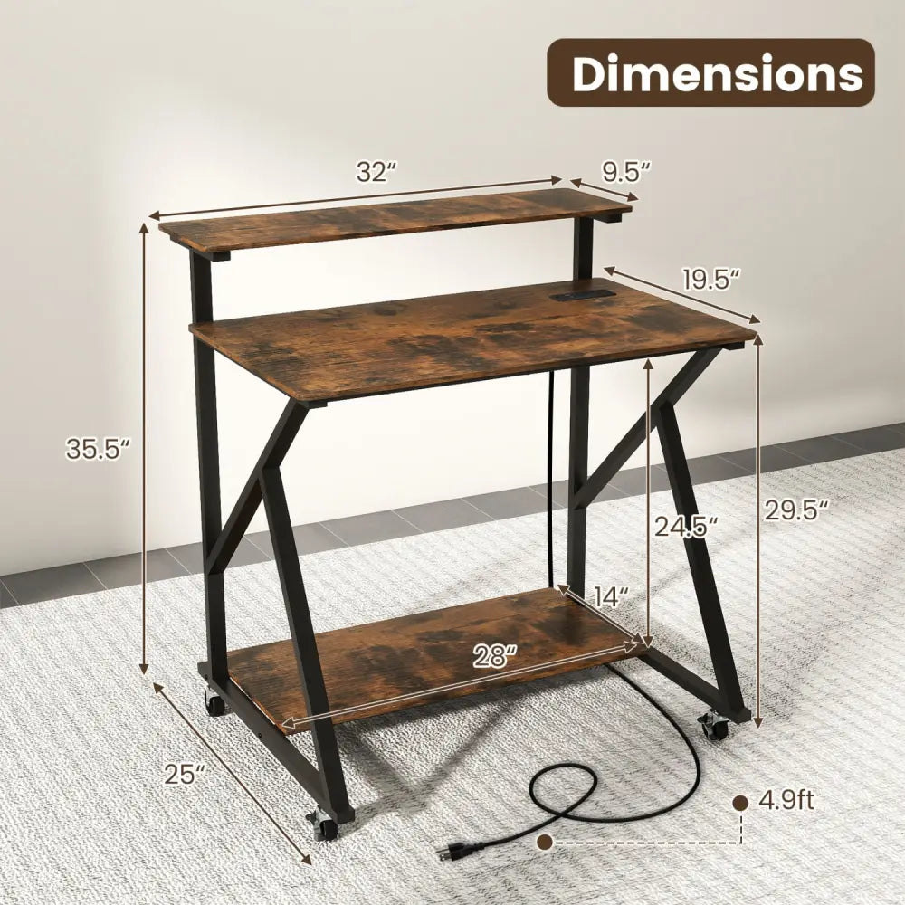 32 Inch Rolling Computer Desk for Small Spaces with Power Outlets-Rustic Brown - Rustic Brown - Computer Desks