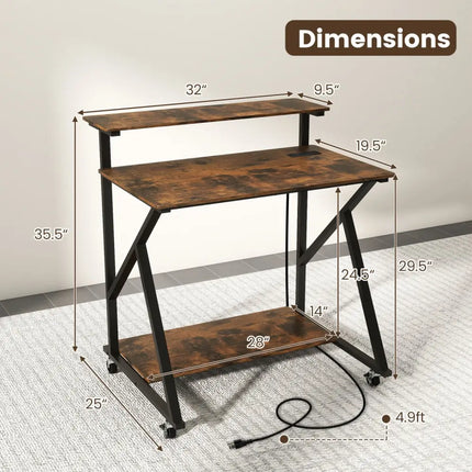 32 Inch Rolling Computer Desk for Small Spaces with Power Outlets-Rustic Brown - Rustic Brown - Writing Desks