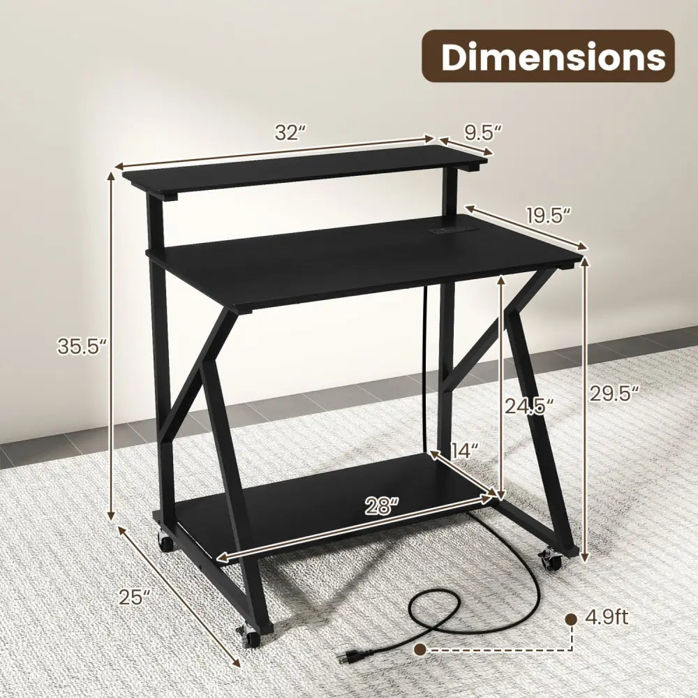 32 Inch Rolling Computer Desk for Small Spaces with Power Outlets-Black - Black - Computer Desks