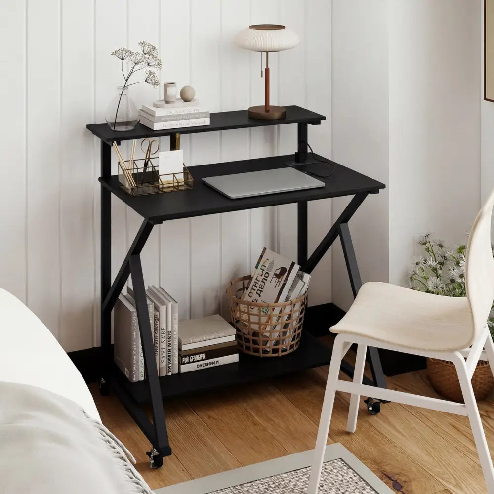 32 Inch Rolling Computer Desk for Small Spaces with Power Outlets-Black - Black - Computer Desks